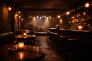 Leere Rockbar mit Bühne, warmem Licht und gemütlicher Atmosphäre – Symbolbild für Rock & Metal Locations auf Rockspots